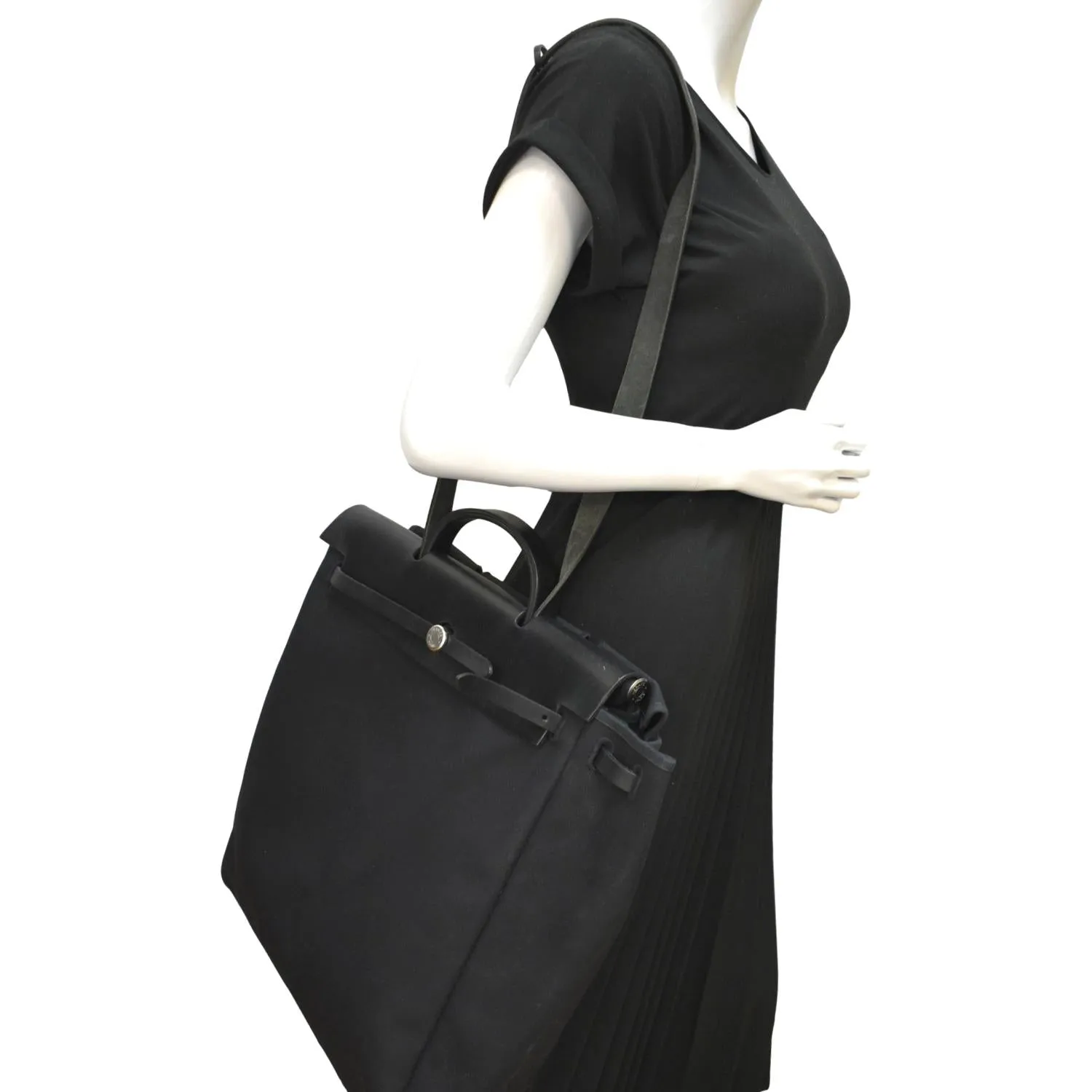 HERMES Herbag Canvas Leather Shoulder Bag Black