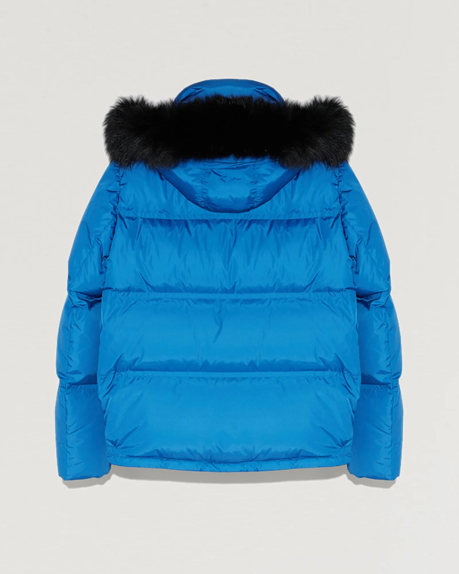 Hooded down jacket in technical gabardine with fox fur