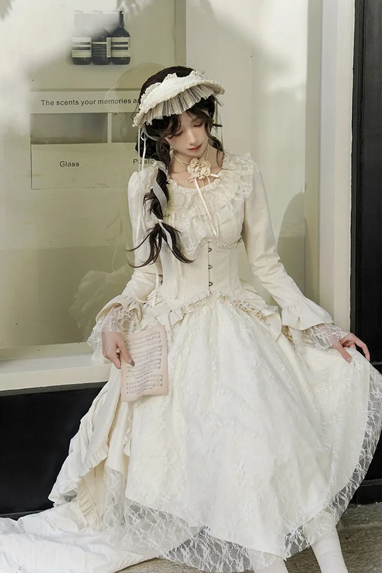 Ivory [White Tea] Long Sleeves Ruffle Bowknot Lace Irregular Classic Princess Lolita Dress
