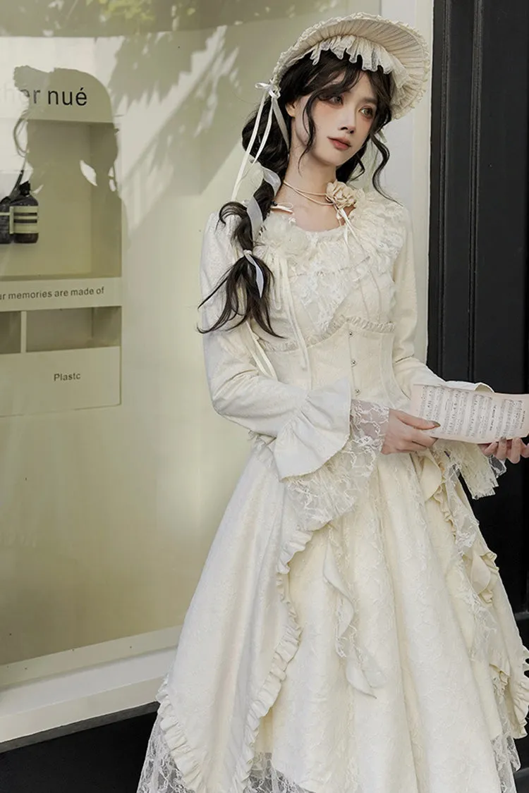Ivory [White Tea] Long Sleeves Ruffle Bowknot Lace Irregular Classic Princess Lolita Dress