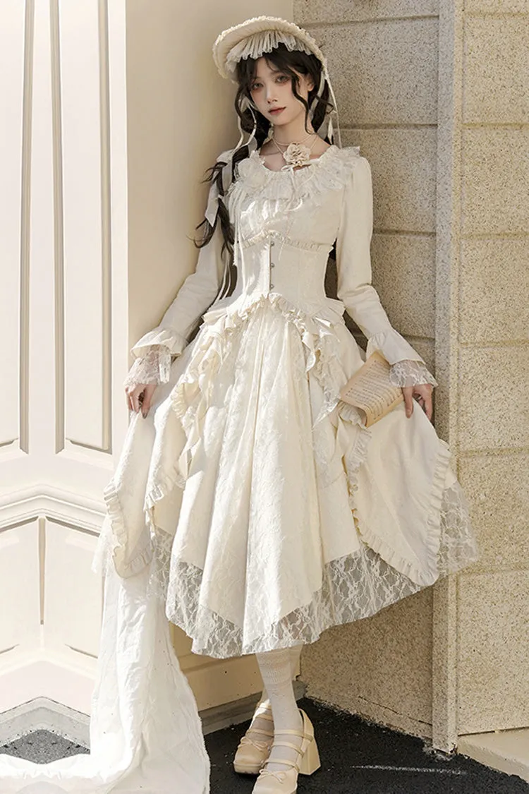 Ivory [White Tea] Long Sleeves Ruffle Bowknot Lace Irregular Classic Princess Lolita Dress