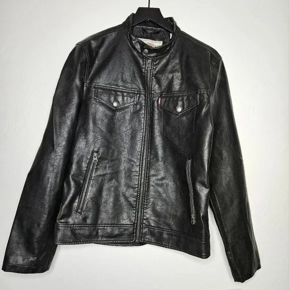 Levis Faux Leather Zip Up Jacket Medium in Black racer collar​