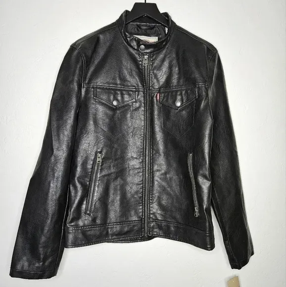Levis Faux Leather Zip Up Jacket Medium in Black racer collar​