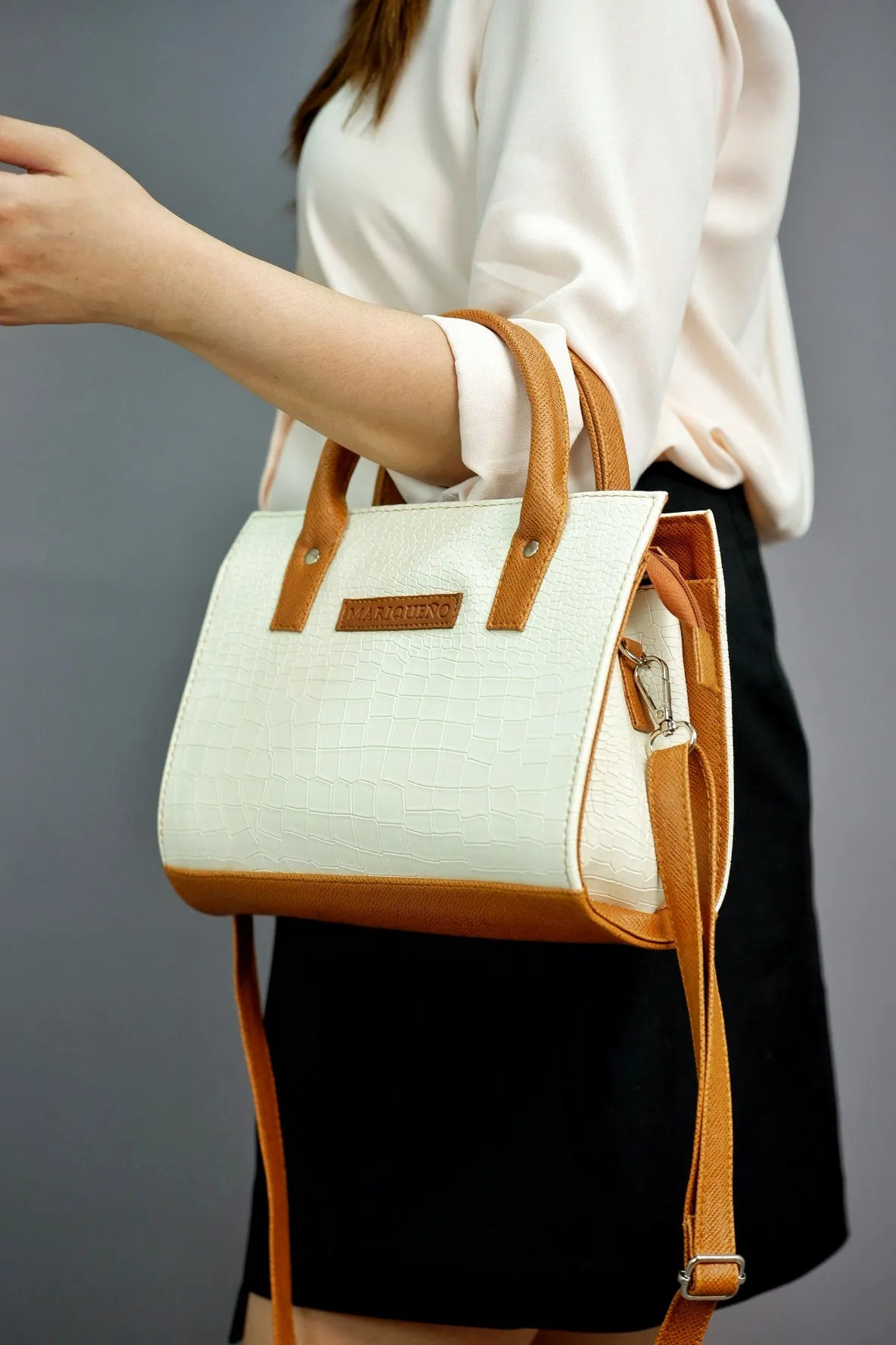 MADELINE Croc Embossed Handbag in Off White