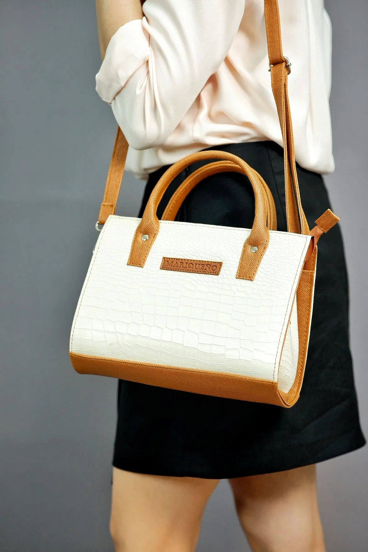 MADELINE Croc Embossed Handbag in Off White