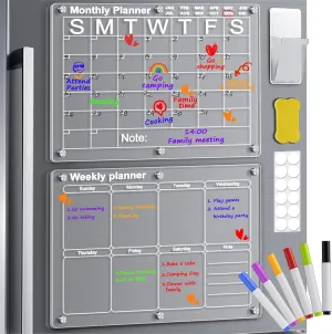 Magnetic Acrylic Calendar for Fridge, 16"x12"Clear Dry Erase Board Calendars for Fridge Reusable Planner includes 6 Markers, Pen Container, and Eraser