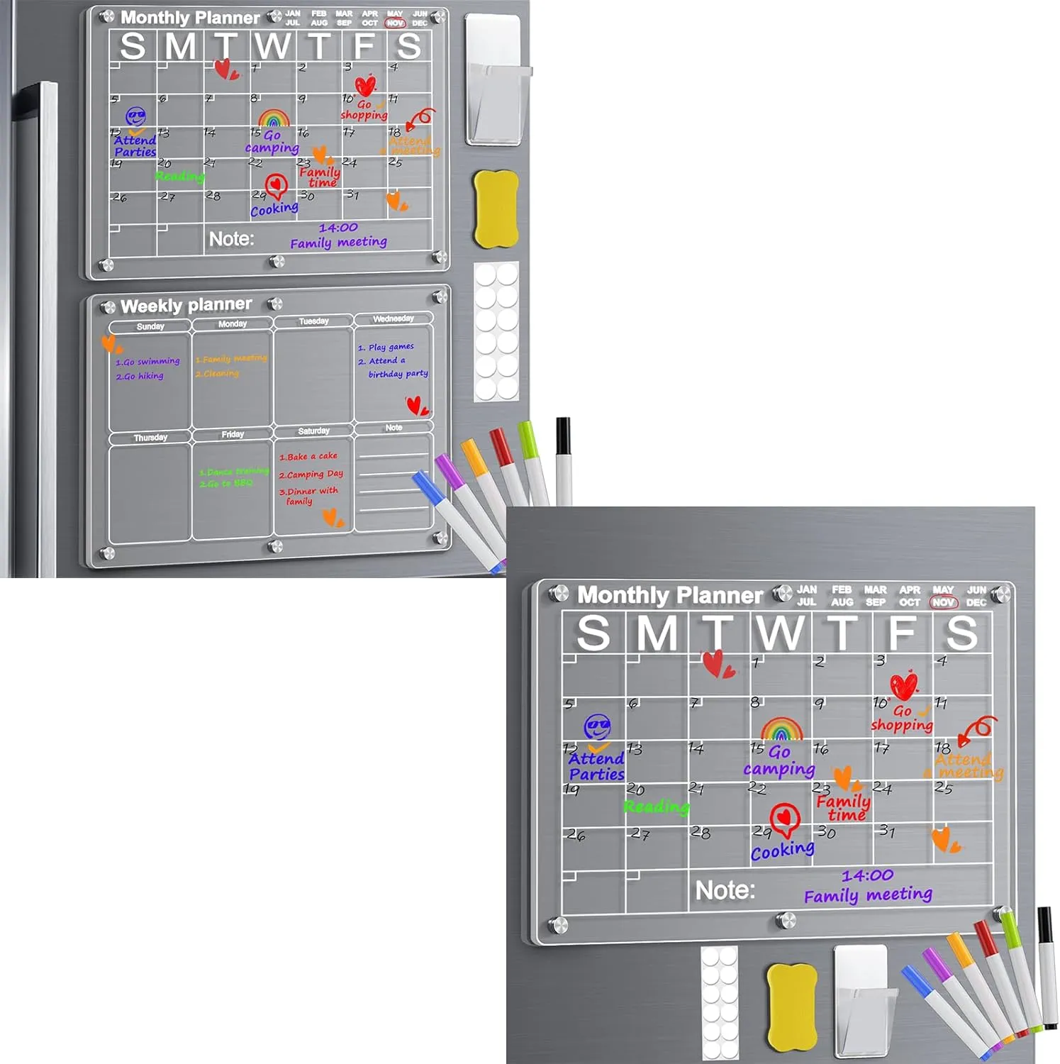Magnetic Acrylic Calendar for Fridge, 16"x12"Clear Dry Erase Board Calendars for Fridge Reusable Planner includes 6 Markers, Pen Container, and Eraser