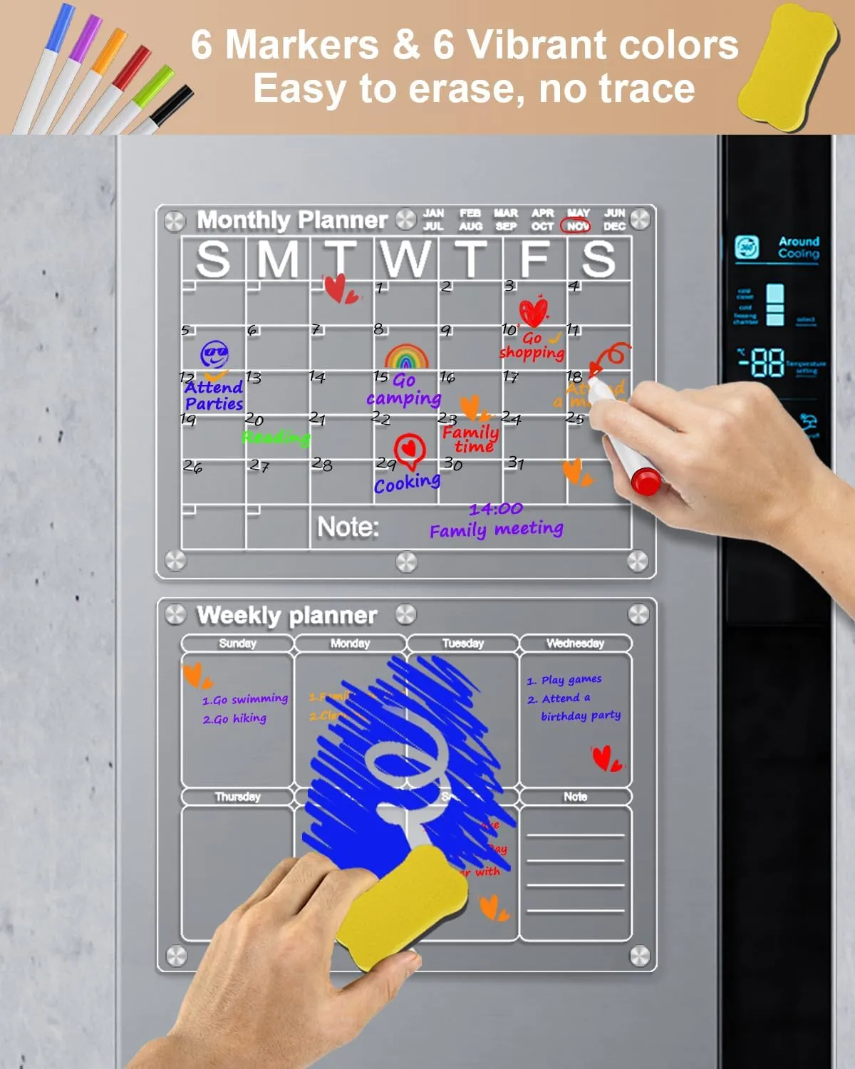 Magnetic Acrylic Calendar for Fridge, 16"x12"Clear Dry Erase Board Calendars for Fridge Reusable Planner includes 6 Markers, Pen Container, and Eraser