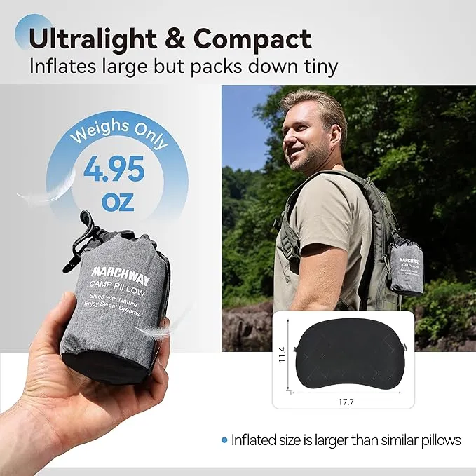 MARCHWAY Ultralight Inflatable Camping Pillow with Soft Washable Cover, Compact Compressible Portable Travel Air Pillow for Outdoor Camp, Sport, Hiking, Backpacking Sleep (Black)