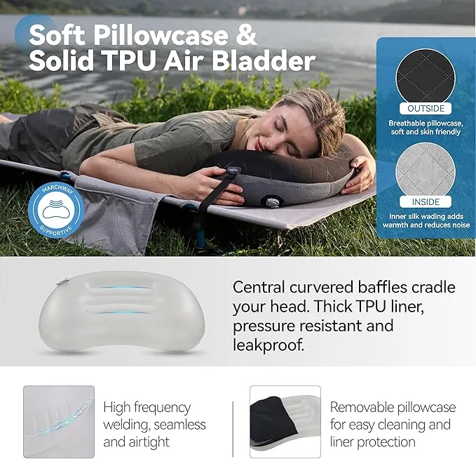 MARCHWAY Ultralight Inflatable Camping Pillow with Soft Washable Cover, Compact Compressible Portable Travel Air Pillow for Outdoor Camp, Sport, Hiking, Backpacking Sleep (Black)