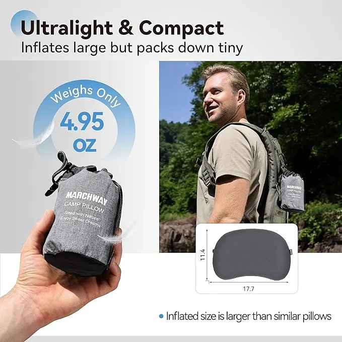 MARCHWAY Ultralight Inflatable Camping Pillow with Soft Washable Cover, Compact Compressible Portable Travel Air Pillow for Outdoor Camp, Sport, Hiking, Backpacking Sleep (Grey)