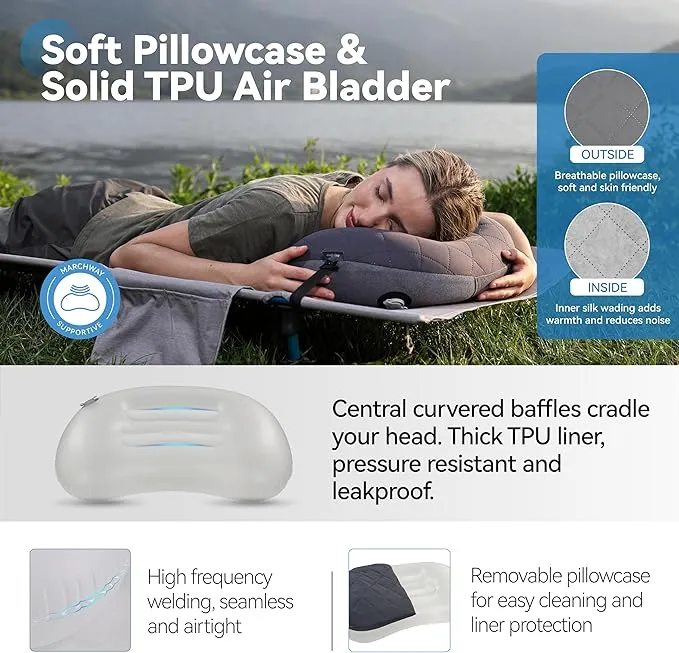 MARCHWAY Ultralight Inflatable Camping Pillow with Soft Washable Cover, Compact Compressible Portable Travel Air Pillow for Outdoor Camp, Sport, Hiking, Backpacking Sleep (Grey)