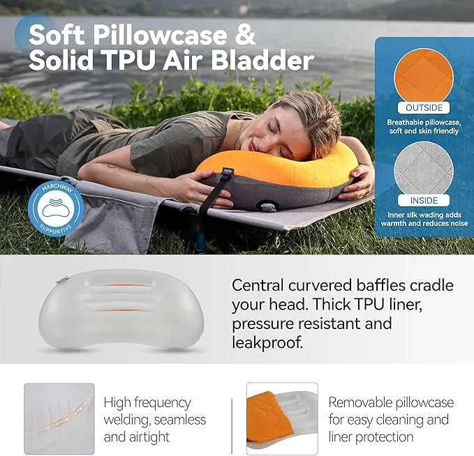 MARCHWAY Ultralight Inflatable Camping Pillow with Soft Washable Cover, Compact Compressible Portable Travel Air Pillow for Outdoor Camp, Sport, Hiking, Backpacking Sleep (Orange)