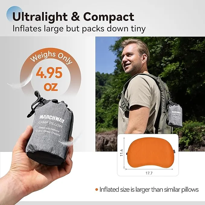 MARCHWAY Ultralight Inflatable Camping Pillow with Soft Washable Cover, Compact Compressible Portable Travel Air Pillow for Outdoor Camp, Sport, Hiking, Backpacking Sleep (Orange)