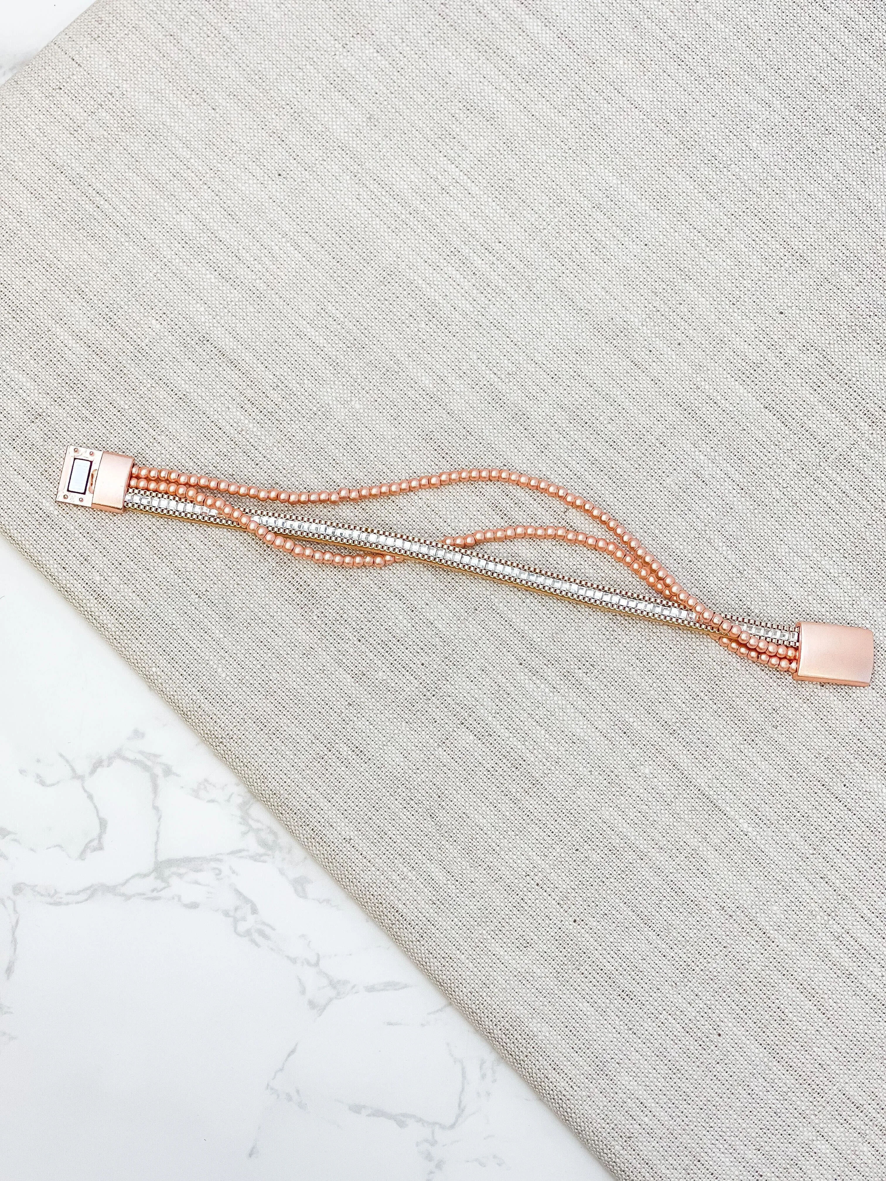 Matte Beaded Triple Strand Magnetic Bracelet - Rose Gold
