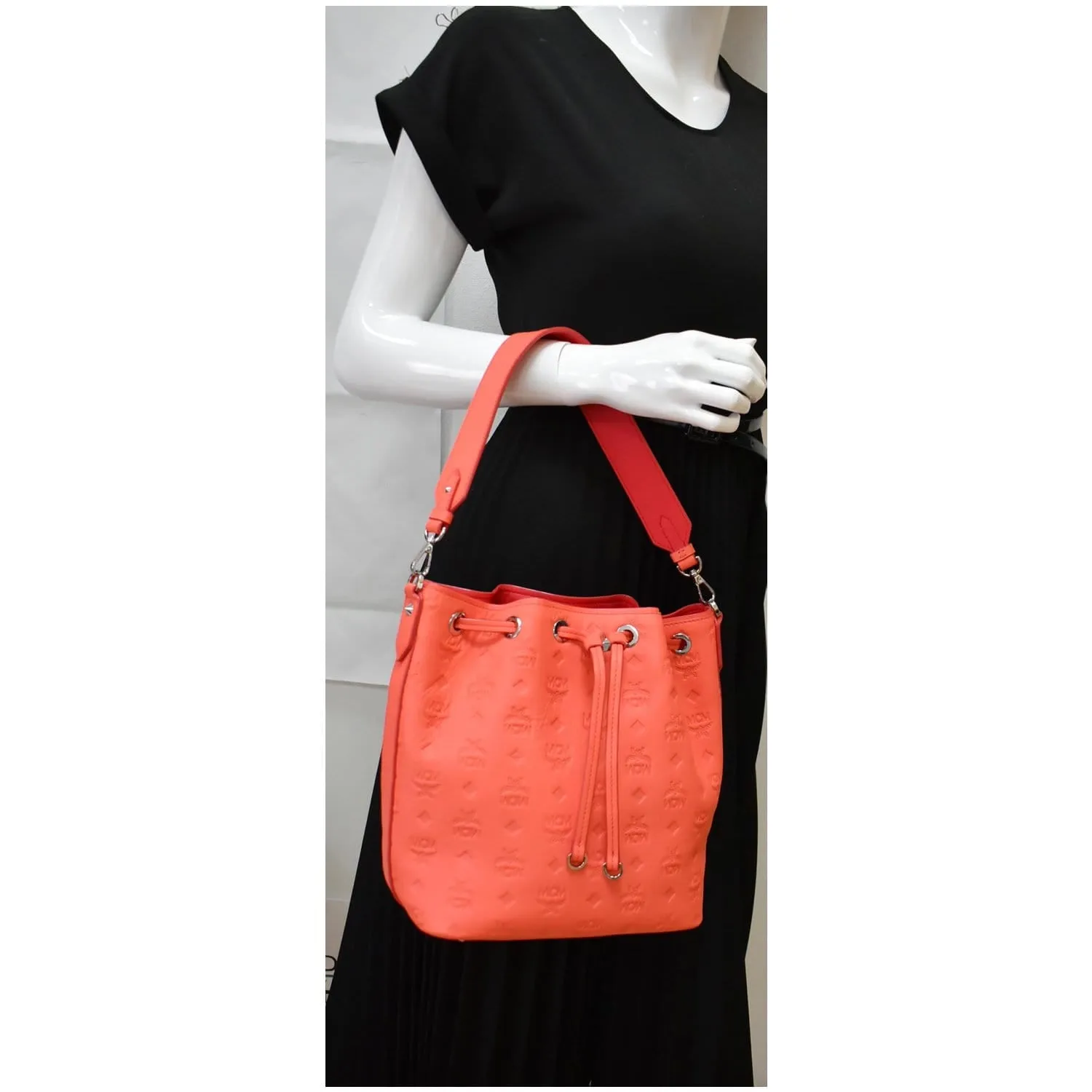 MCM Essential Drawstring Monogram Leather Shoulder Bag Hot Coral - 20% OFF
