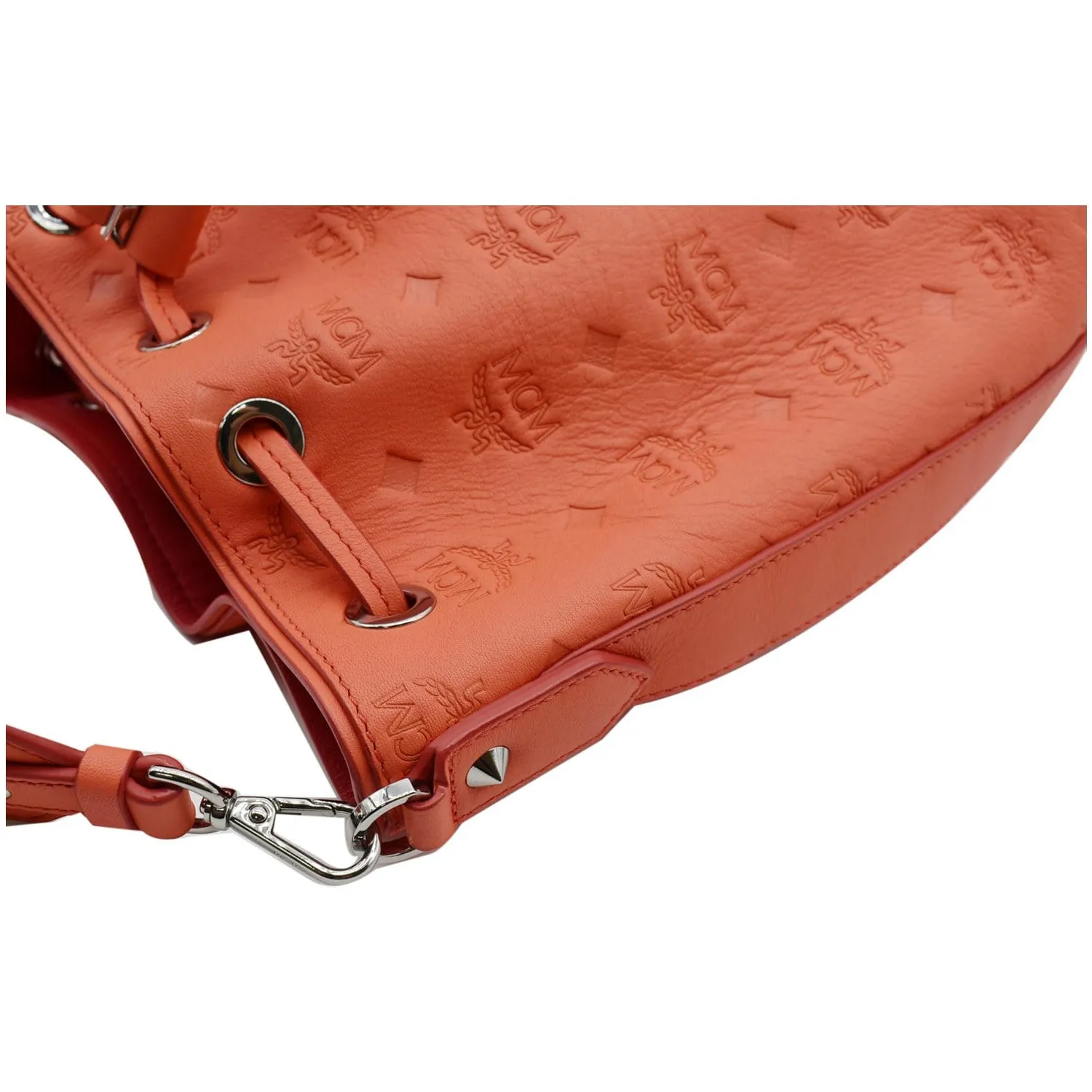 MCM Essential Drawstring Monogram Leather Shoulder Bag Hot Coral - 20% OFF