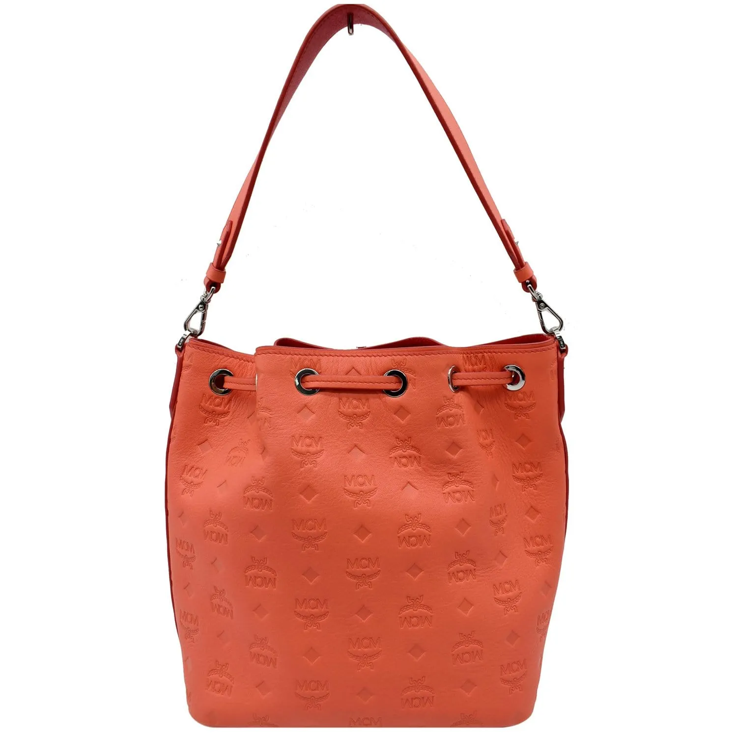 MCM Essential Drawstring Monogram Leather Shoulder Bag Hot Coral - 20% OFF