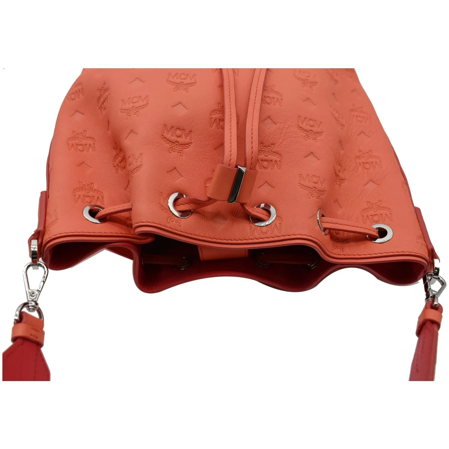 MCM Essential Drawstring Monogram Leather Shoulder Bag Hot Coral - 20% OFF