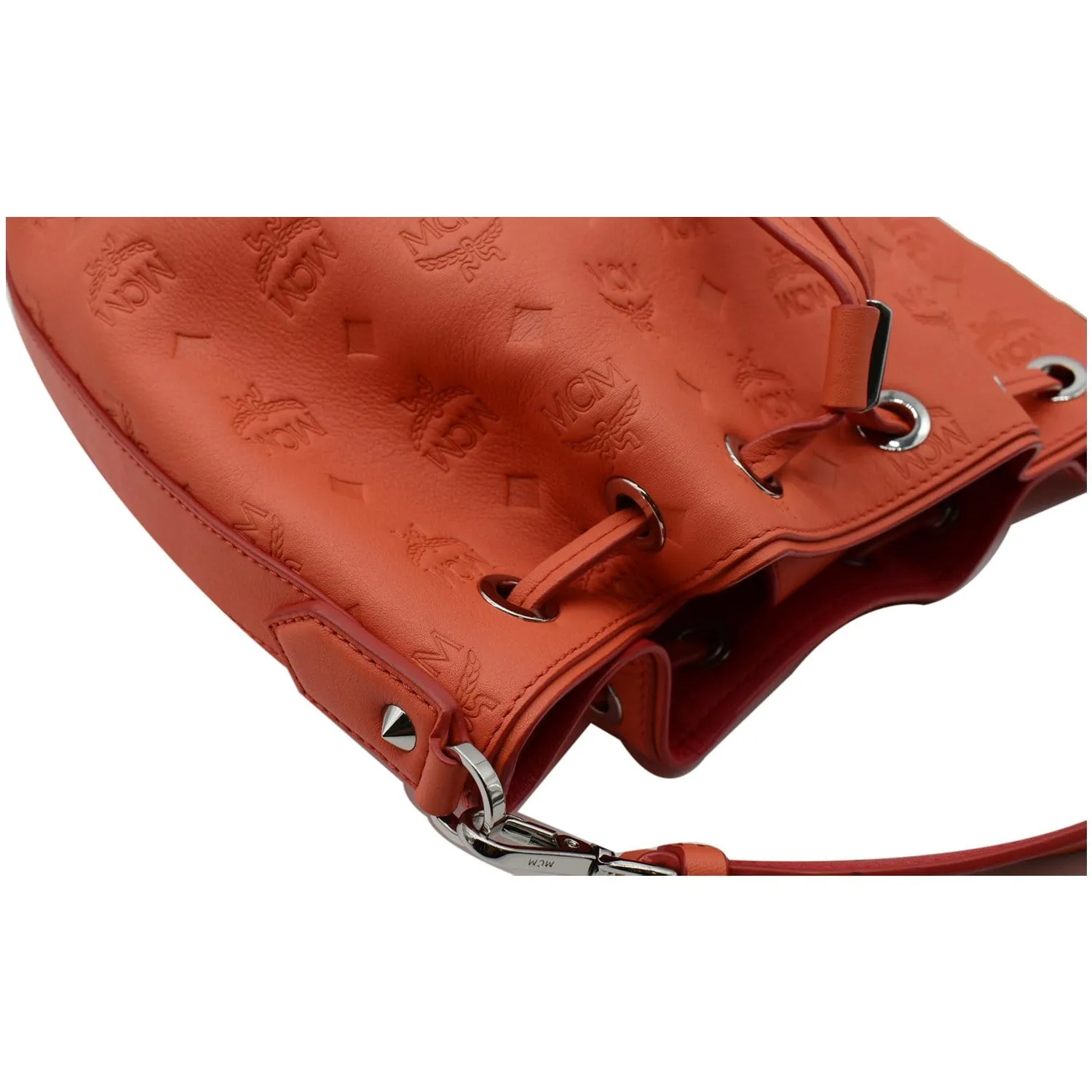 MCM Essential Drawstring Monogram Leather Shoulder Bag Hot Coral - 20% OFF