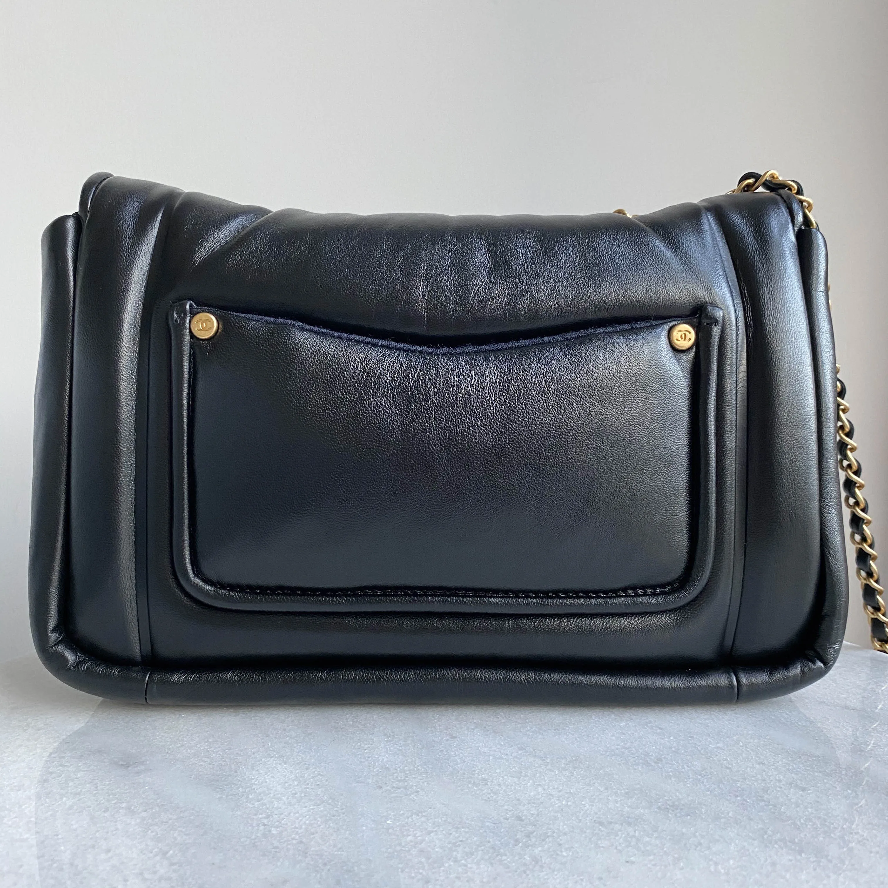 Medium Vintage Puffy Flap Bag in Black Lambskin
