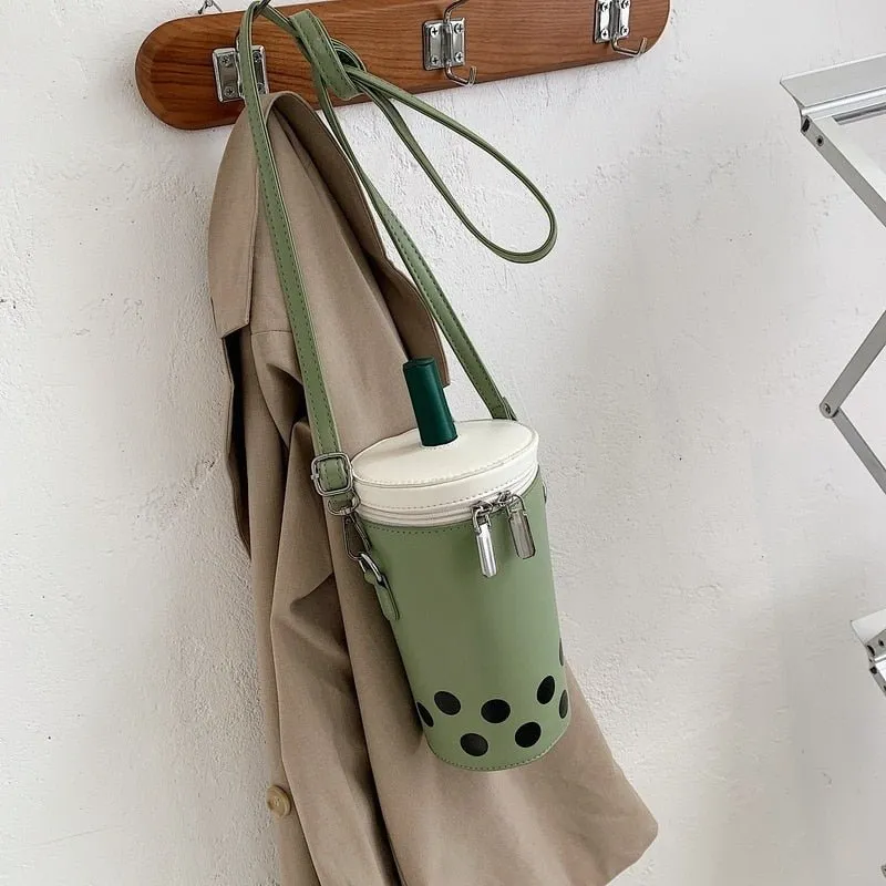 Milk Tea Barrel-Shaped Crossbody Bag for Women