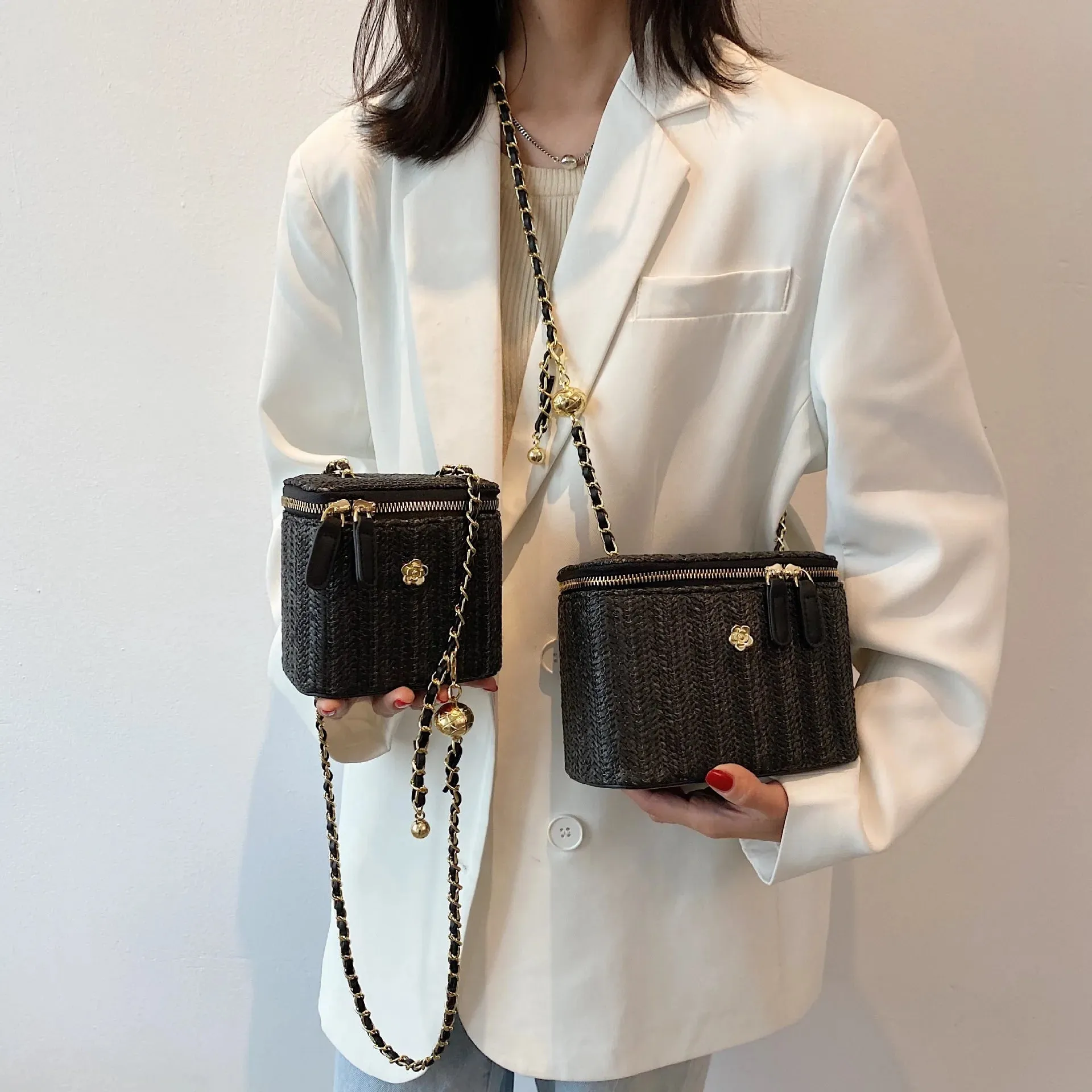 Mini Straw Bucket Crossbody bag For Women 2021 Summer Weave Women's Brand Handbags And Purses Fashion Chain Simple Shoulder Bags