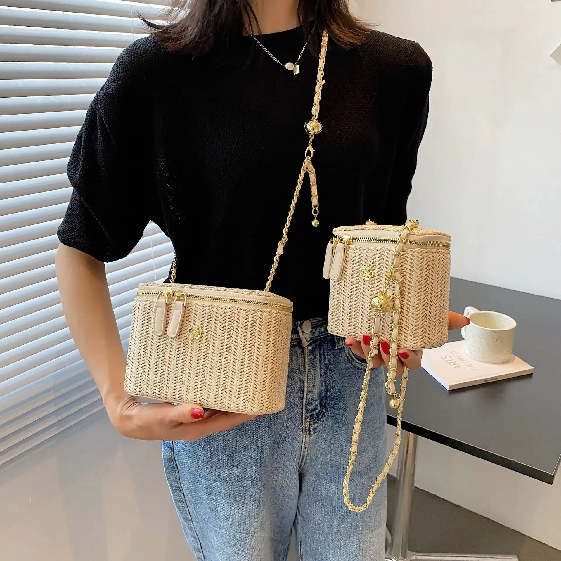 Mini Straw Bucket Crossbody bag For Women 2021 Summer Weave Women's Brand Handbags And Purses Fashion Chain Simple Shoulder Bags