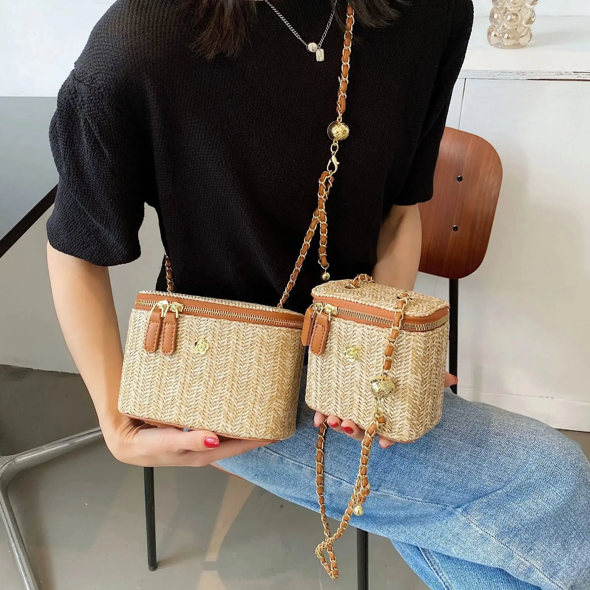 Mini Straw Bucket Crossbody bag For Women 2021 Summer Weave Women's Brand Handbags And Purses Fashion Chain Simple Shoulder Bags
