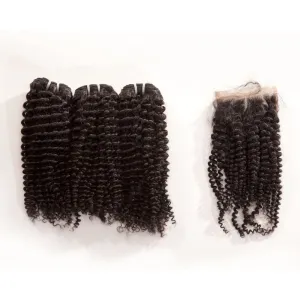 Mongolian Kinky Curly Human Hair 3pcs Bundle & Lace Closure Deal