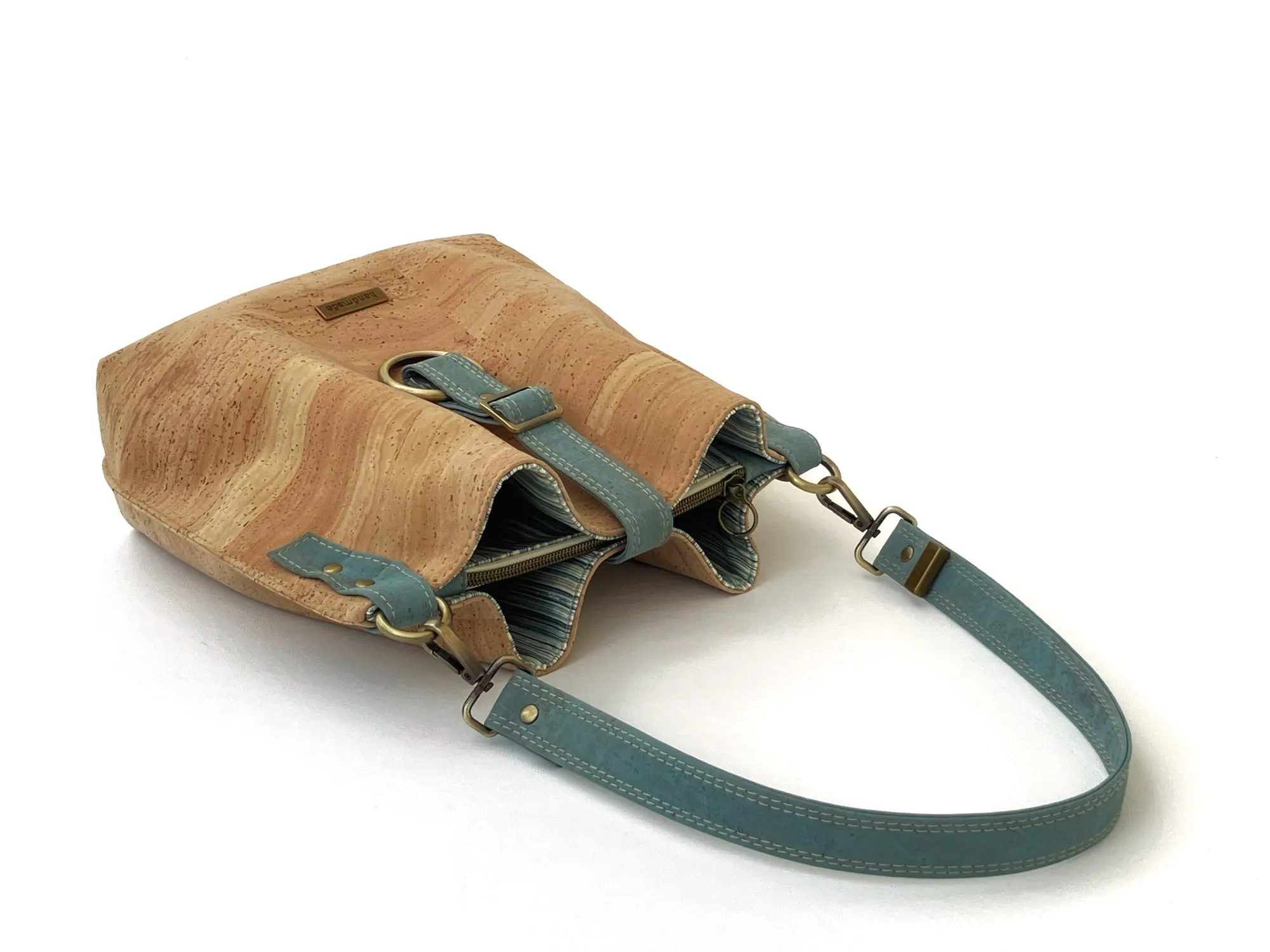 Natural Cork Shoulder Bag with Seaglass Blue Straps