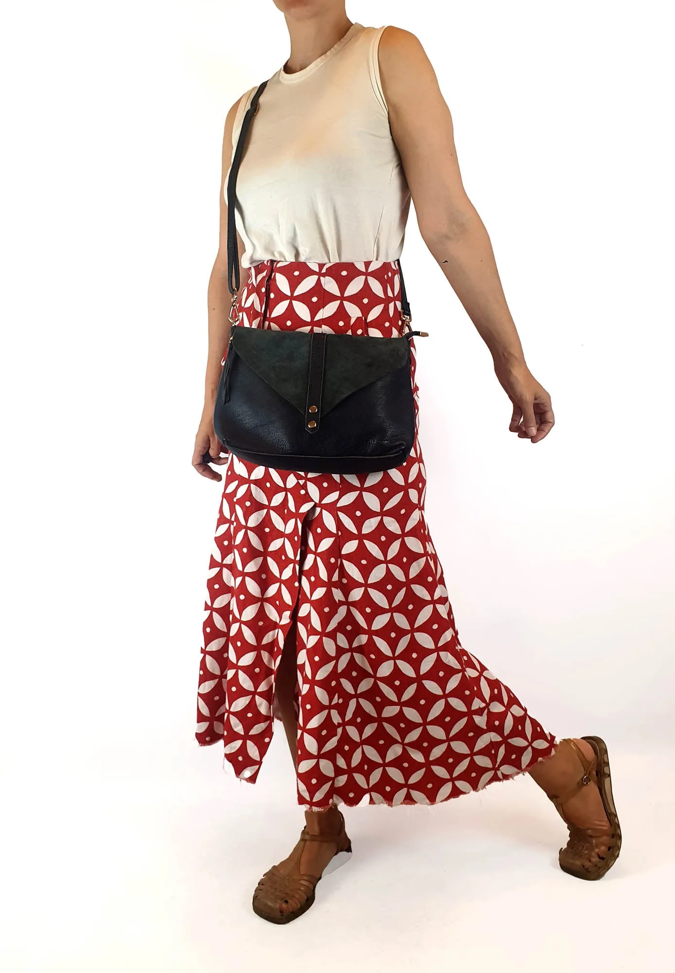 Navy leather bag with blue suede front detail