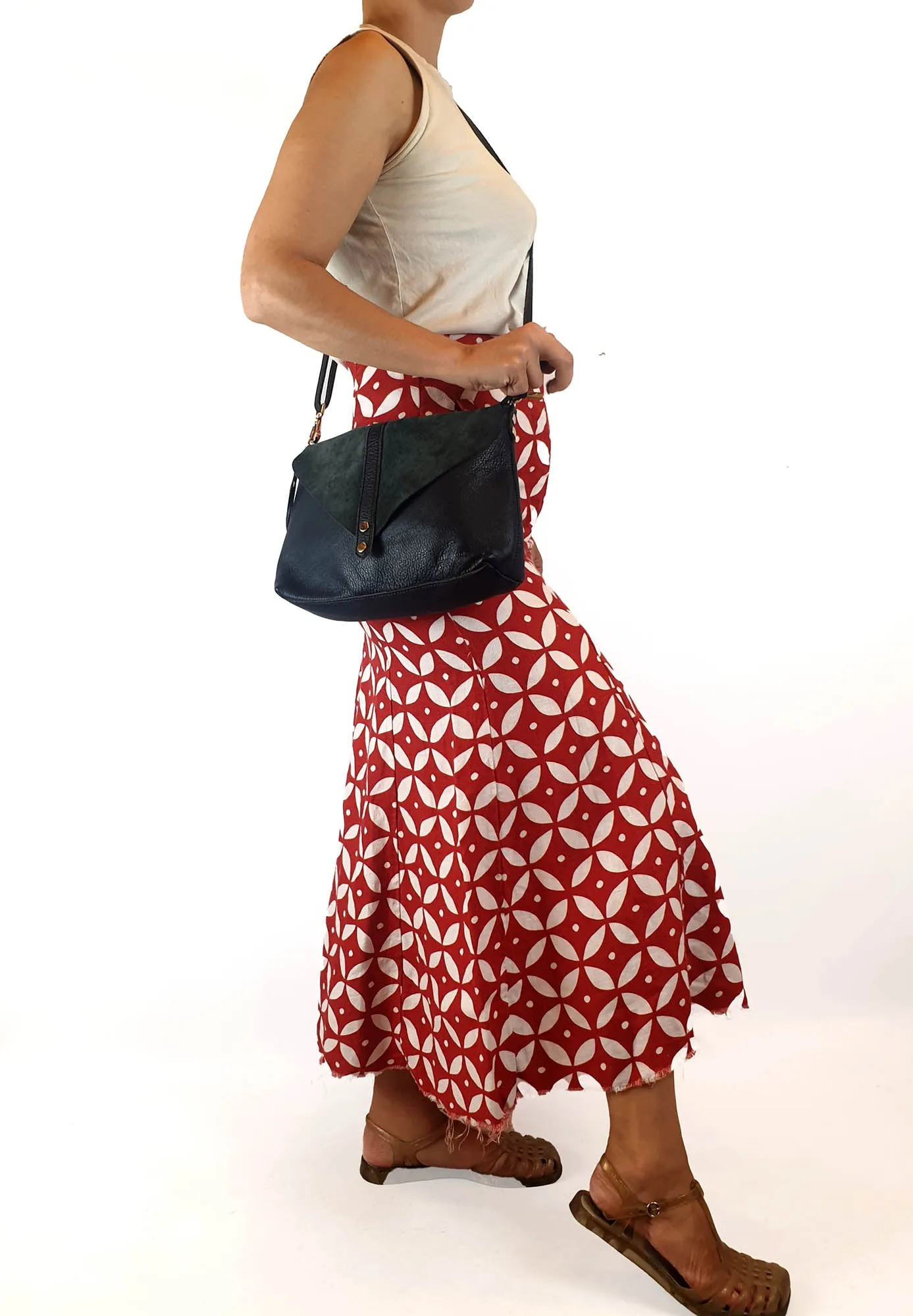 Navy leather bag with blue suede front detail