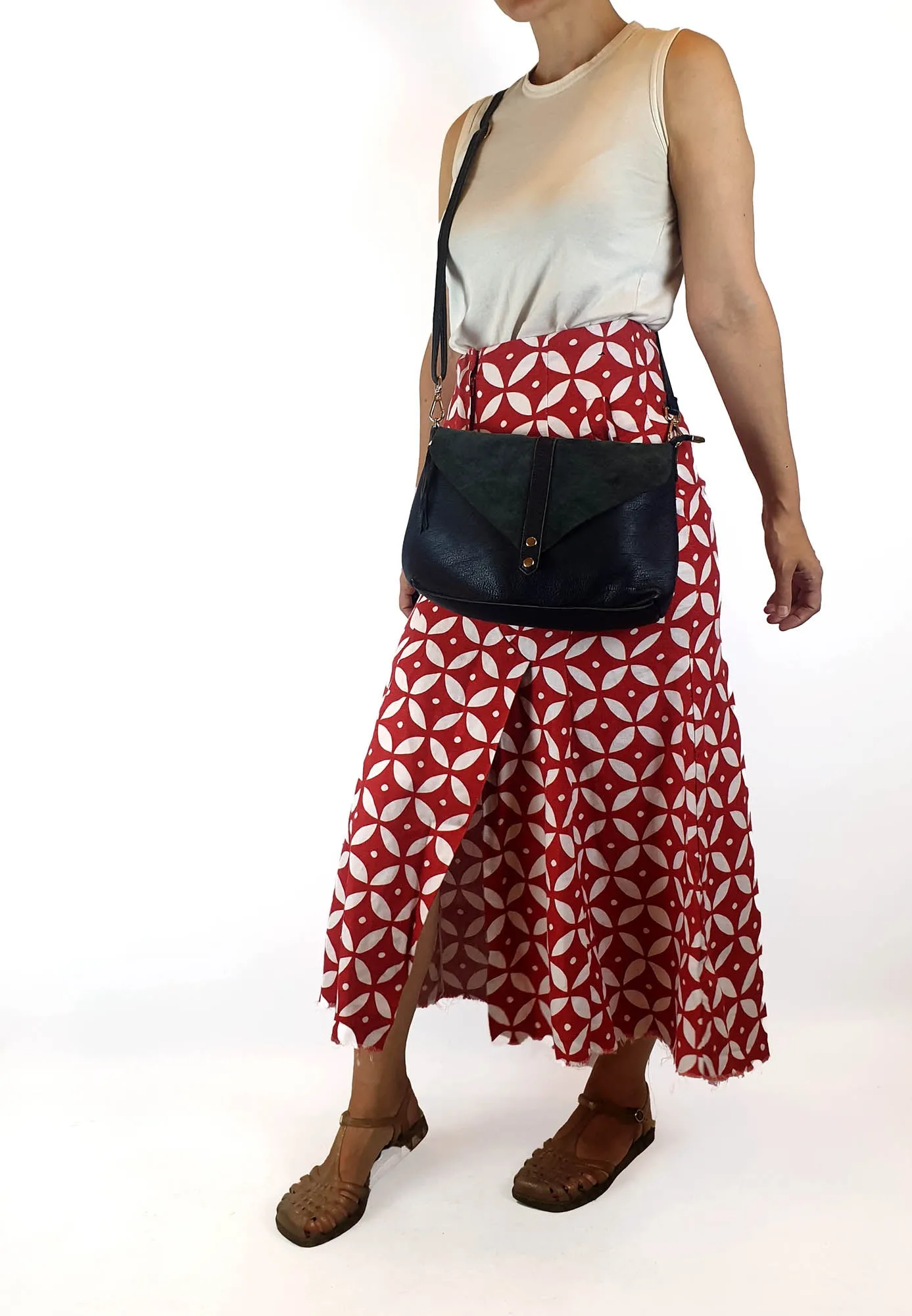 Navy leather bag with blue suede front detail