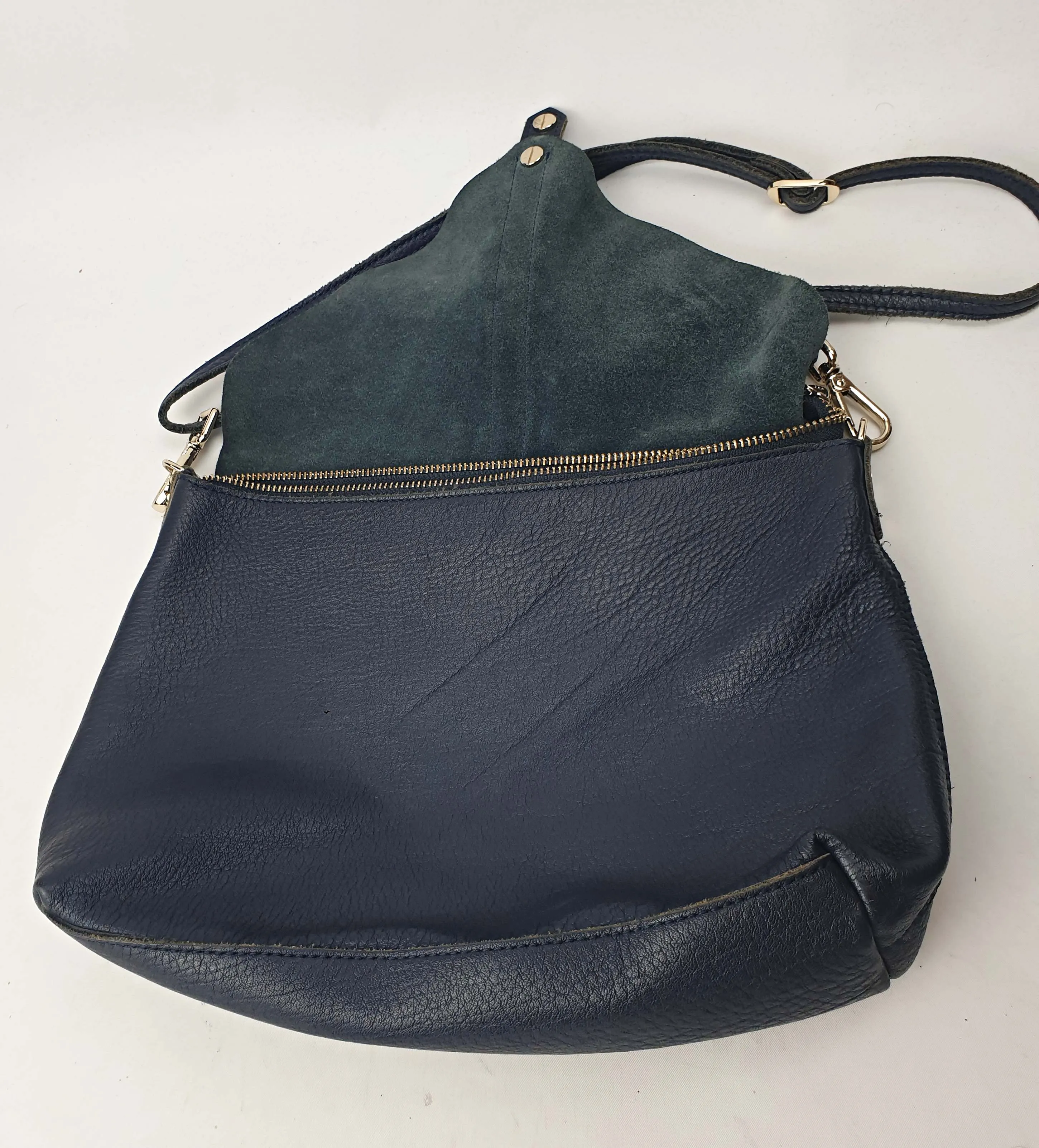 Navy leather bag with blue suede front detail
