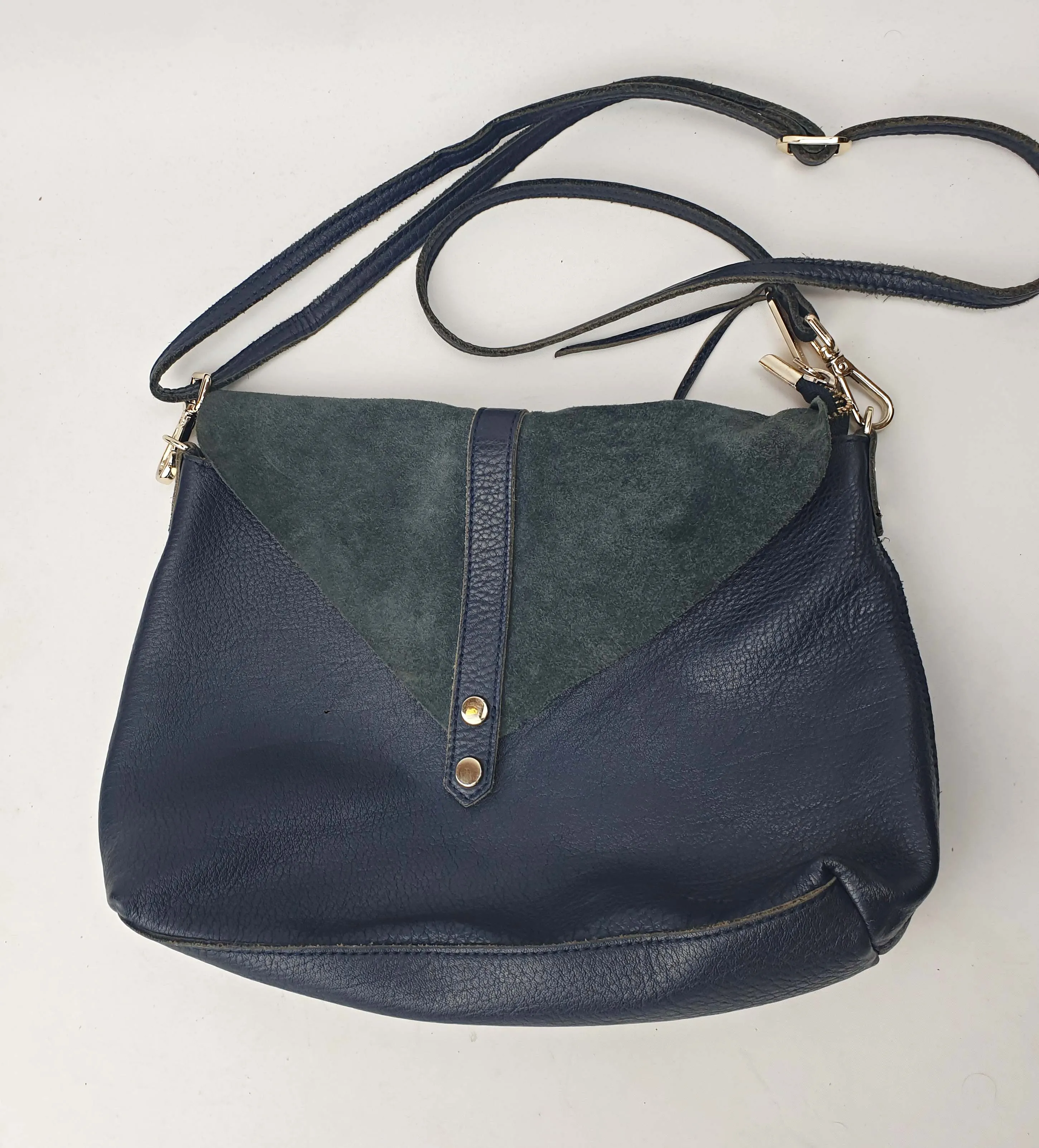 Navy leather bag with blue suede front detail