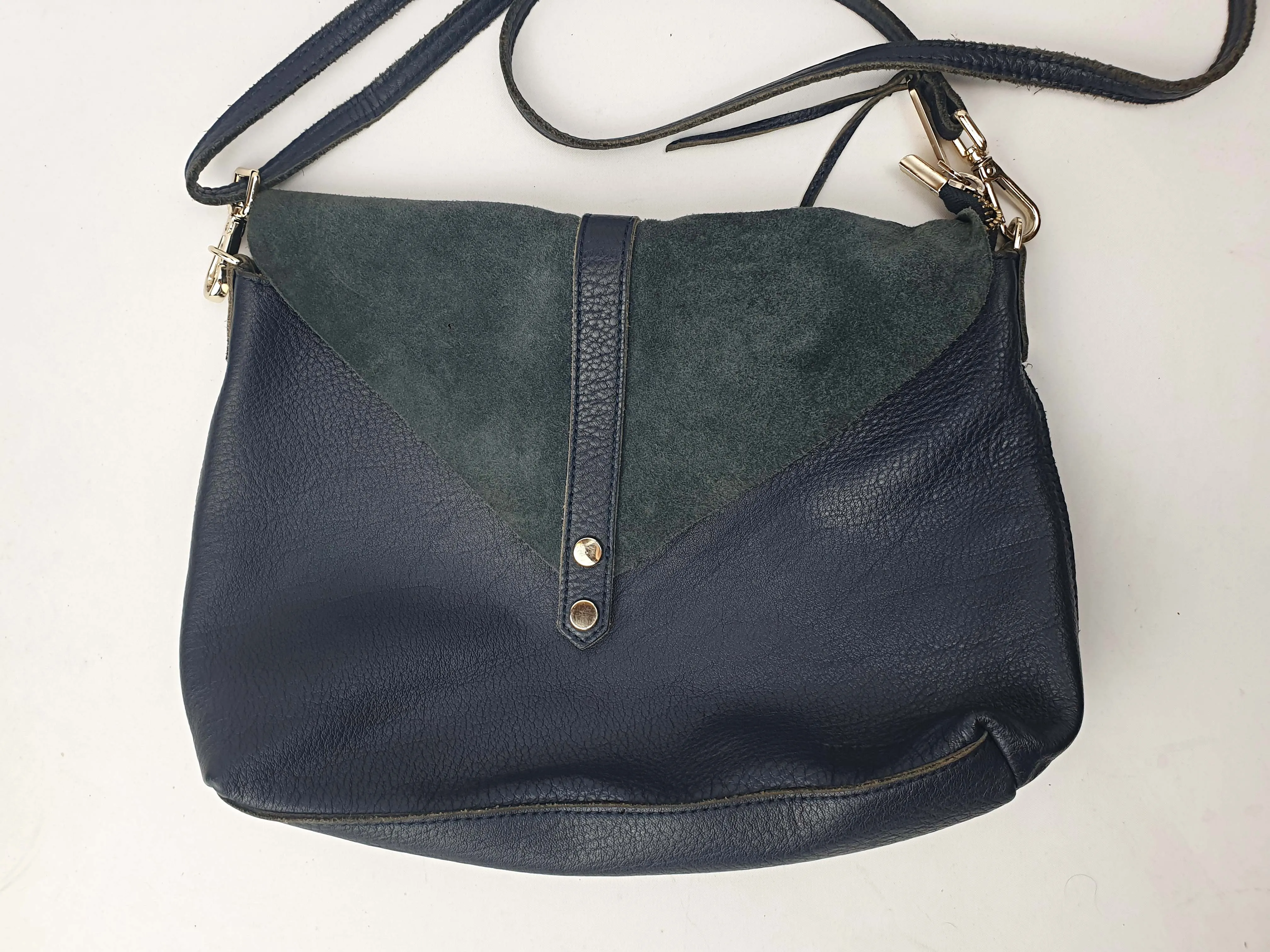 Navy leather bag with blue suede front detail