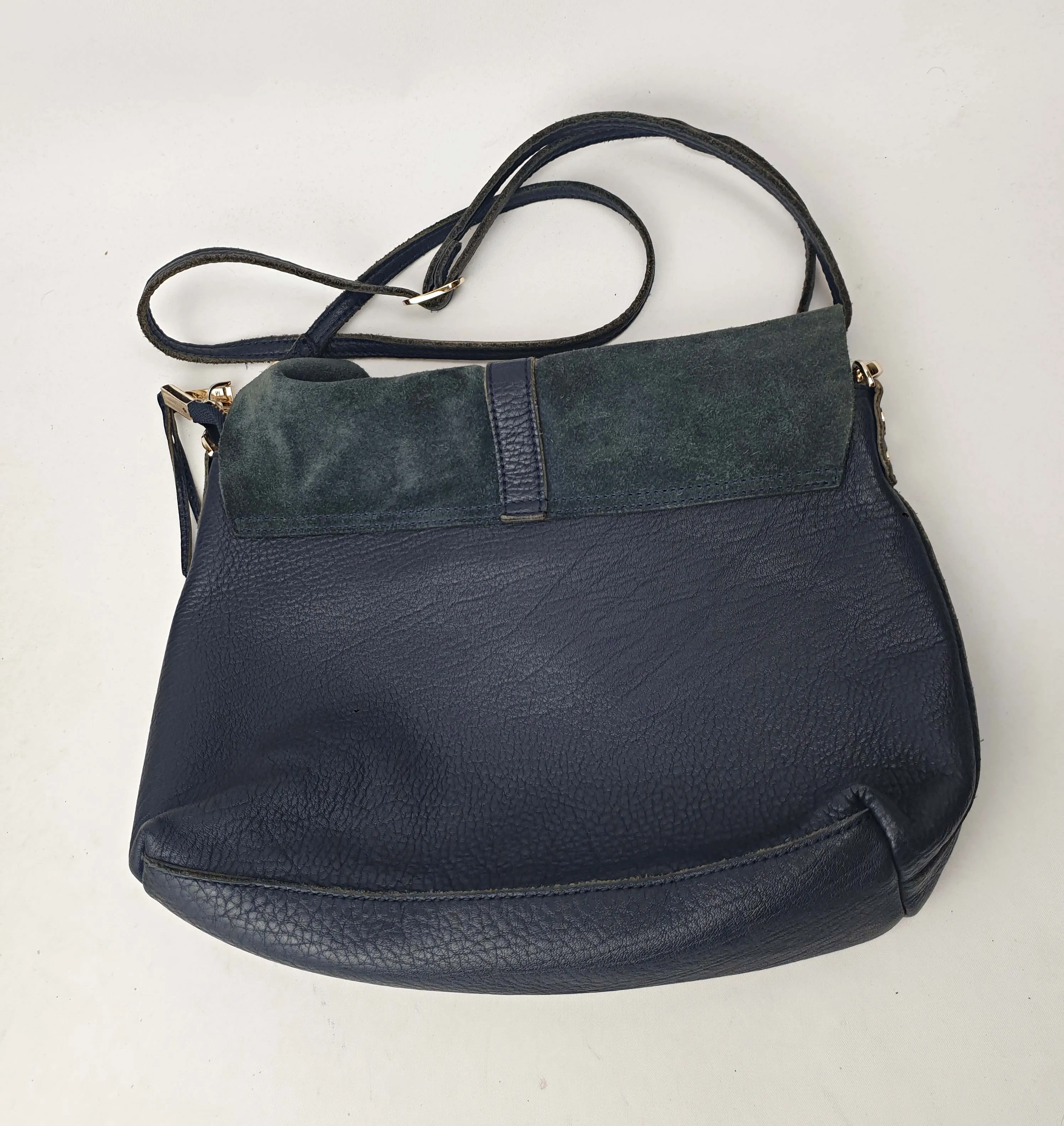 Navy leather bag with blue suede front detail