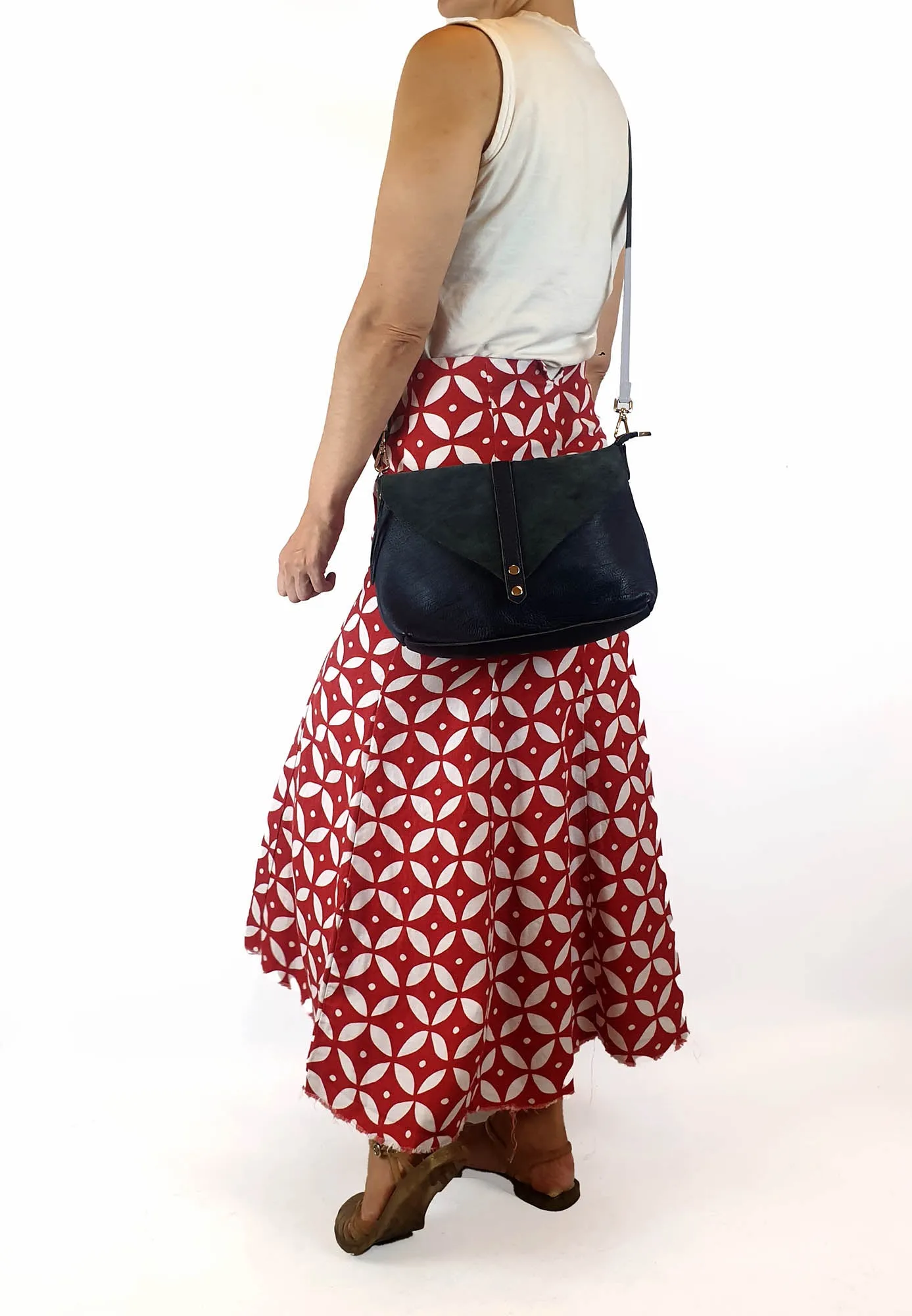 Navy leather bag with blue suede front detail