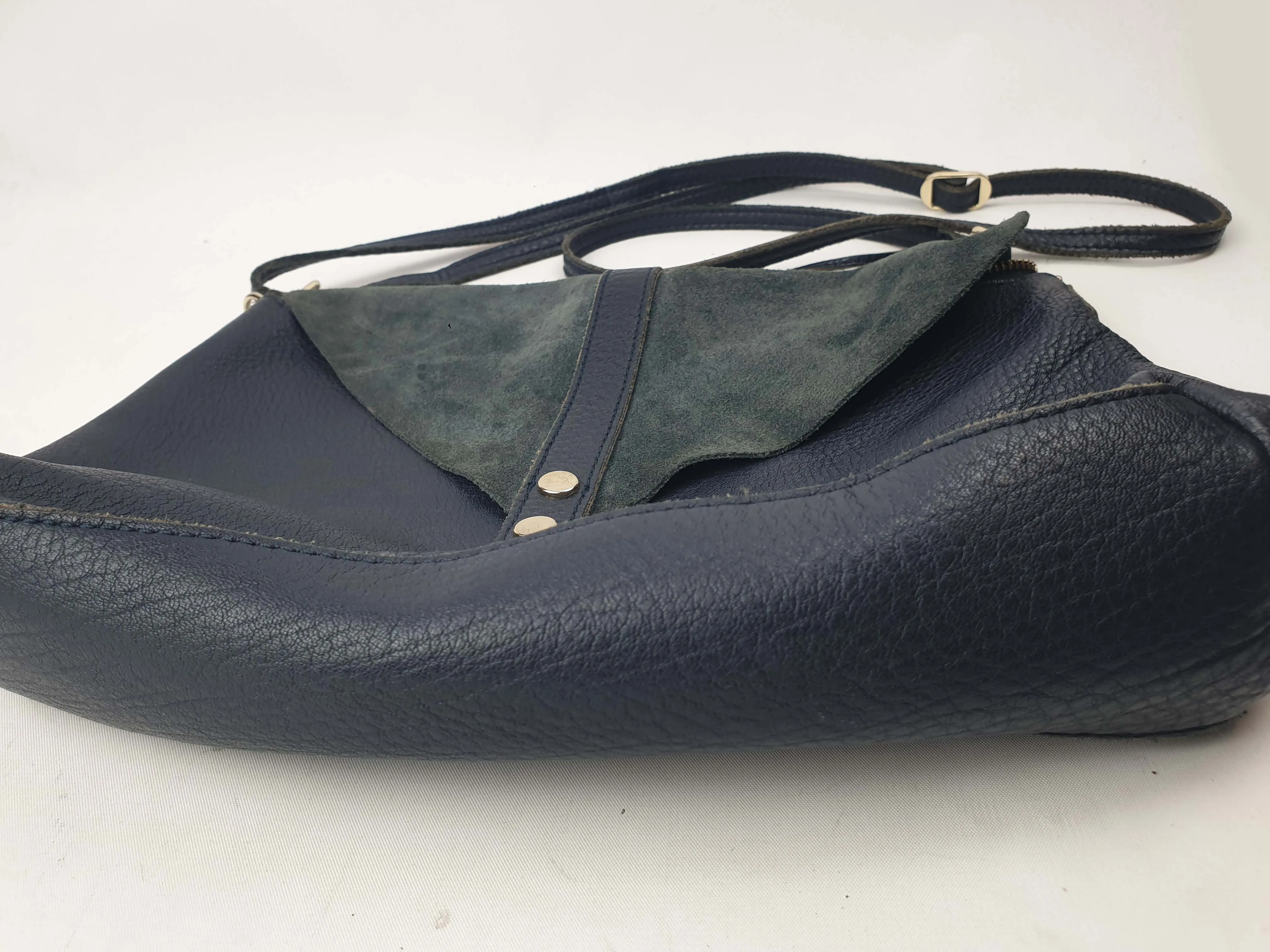 Navy leather bag with blue suede front detail