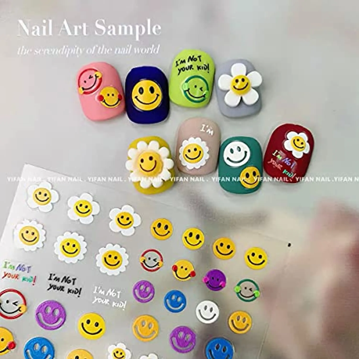 New 5D Stereoscopic Embossed Sun Flower Nail Art Stickers Decals, Candy Color Cartoon Smiling Face Sun Flower Colorful Flower Self-Adhesive Nail Stickers for Nail Art Decoration (3 Sheets)