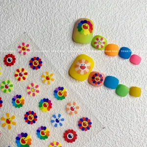 New 5D Stereoscopic Embossed Sun Flower Nail Art Stickers Decals, Candy Color Cartoon Smiling Face Sun Flower Colorful Flower Self-Adhesive Nail Stickers for Nail Art Decoration (3 Sheets)