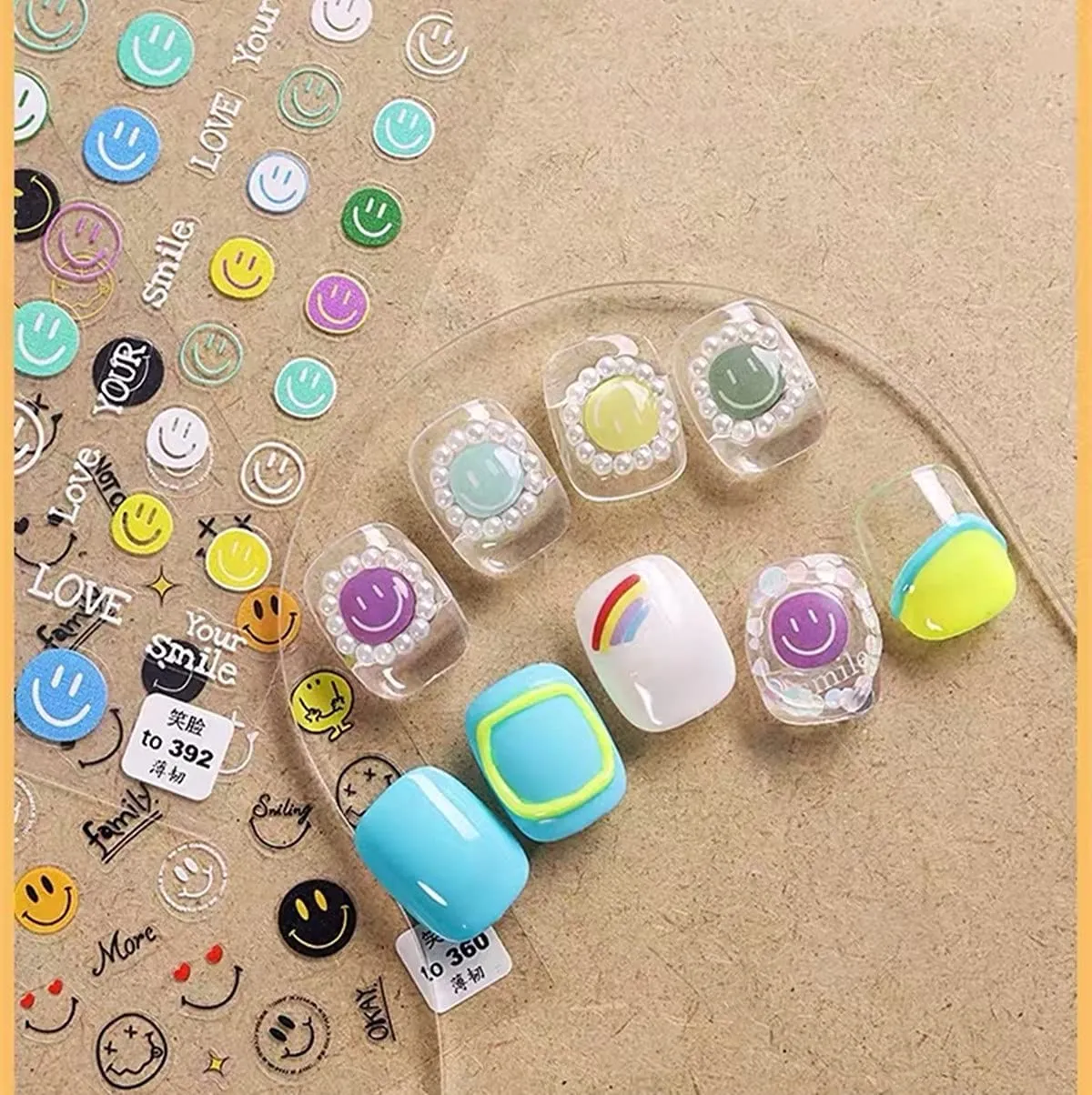 New 5D Stereoscopic Embossed Sun Flower Nail Art Stickers Decals, Candy Color Cartoon Smiling Face Sun Flower Colorful Flower Self-Adhesive Nail Stickers for Nail Art Decoration (3 Sheets)