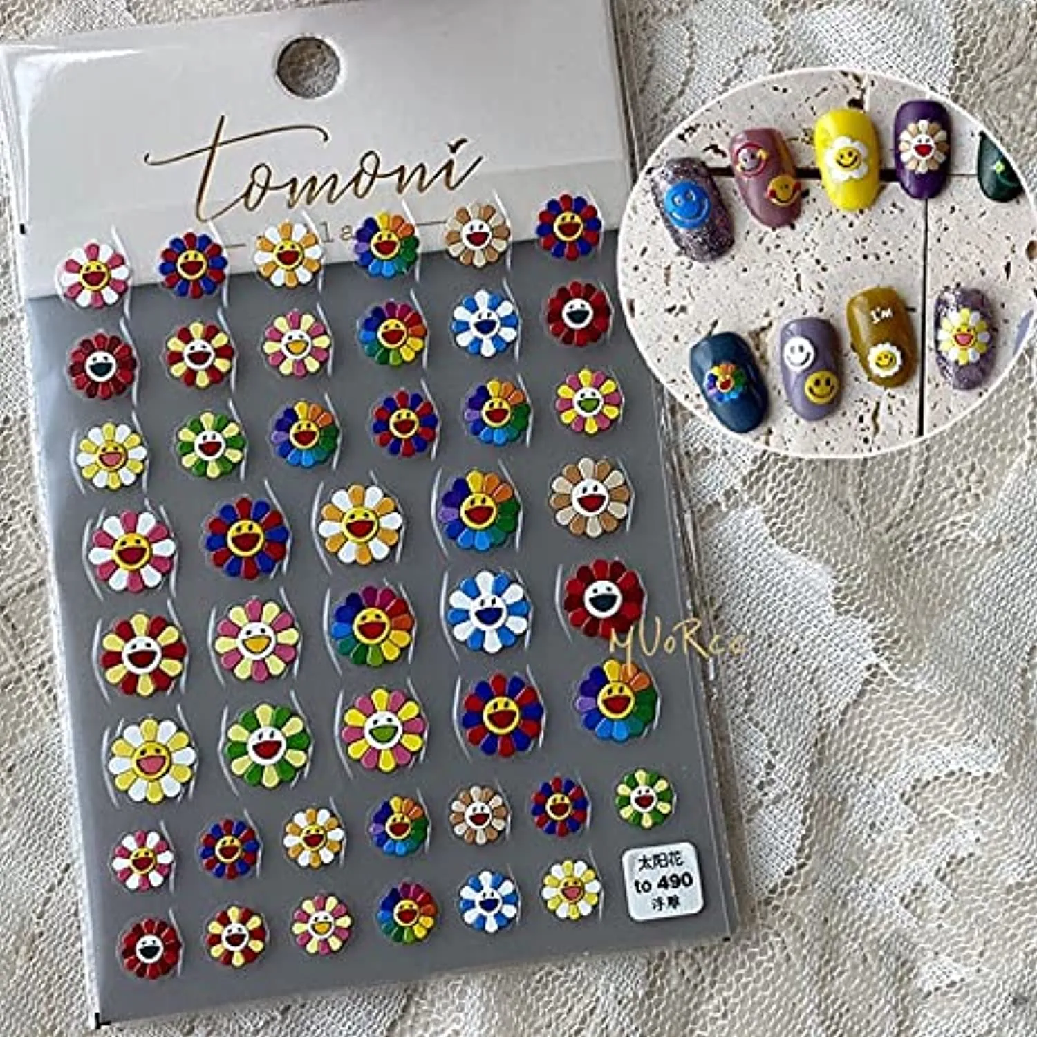 New 5D Stereoscopic Embossed Sun Flower Nail Art Stickers Decals, Candy Color Cartoon Smiling Face Sun Flower Colorful Flower Self-Adhesive Nail Stickers for Nail Art Decoration (3 Sheets)