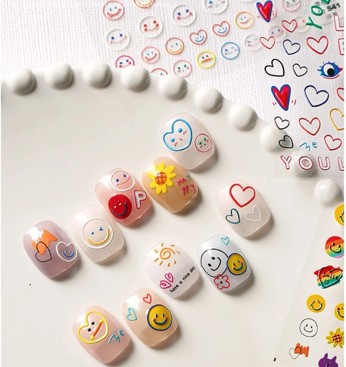 New 5D Stereoscopic Embossed Sun Flower Nail Art Stickers Decals, Candy Color Cartoon Smiling Face Sun Flower Colorful Flower Self-Adhesive Nail Stickers for Nail Art Decoration (3 Sheets)
