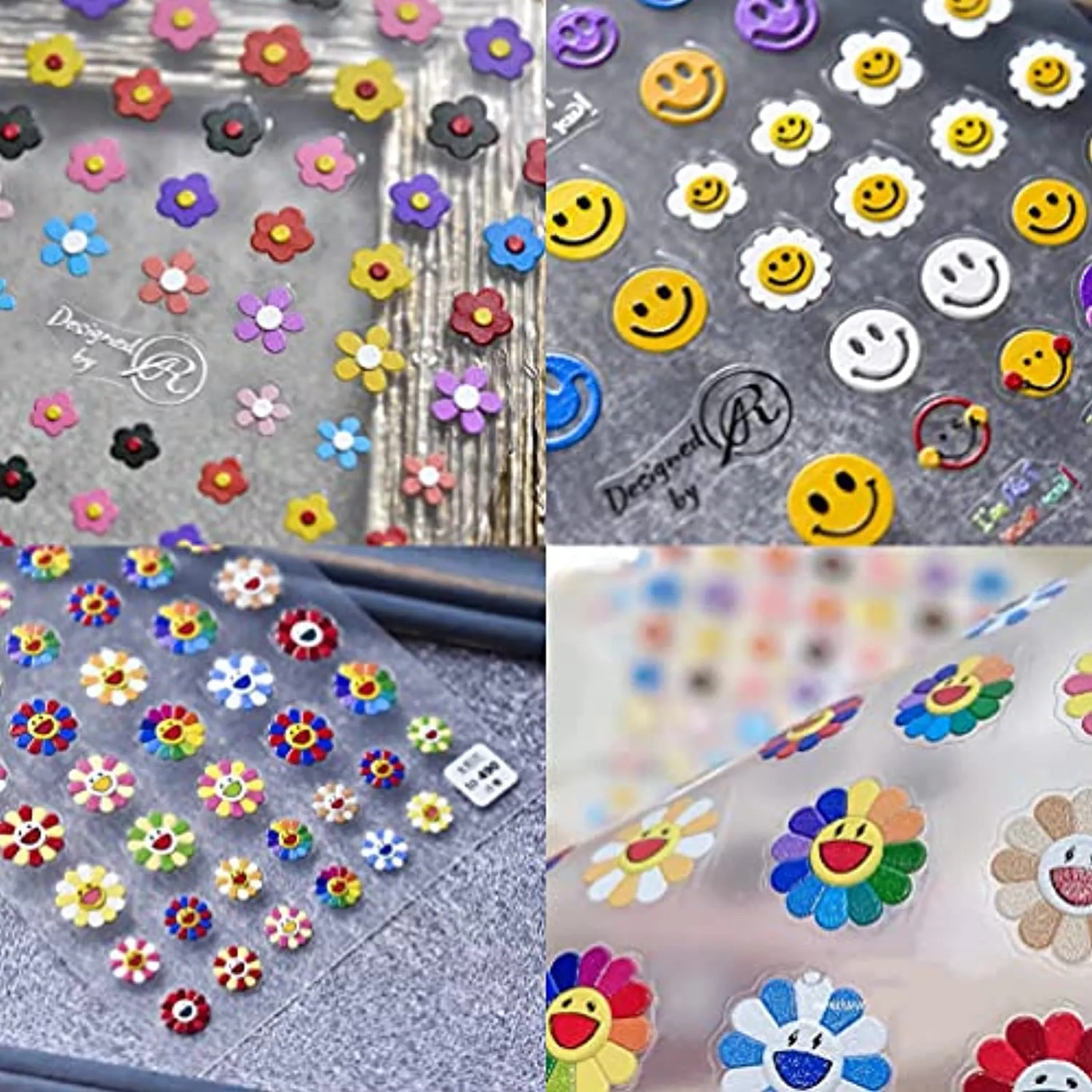 New 5D Stereoscopic Embossed Sun Flower Nail Art Stickers Decals, Candy Color Cartoon Smiling Face Sun Flower Colorful Flower Self-Adhesive Nail Stickers for Nail Art Decoration (3 Sheets)