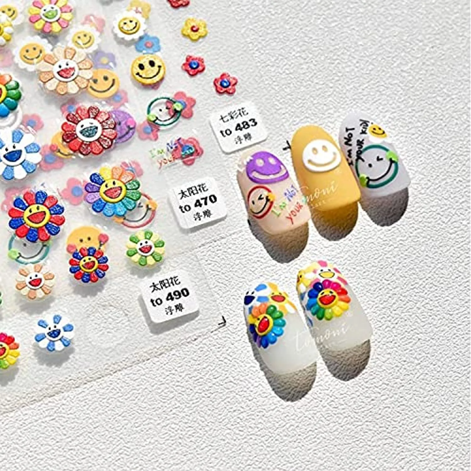 New 5D Stereoscopic Embossed Sun Flower Nail Art Stickers Decals, Candy Color Cartoon Smiling Face Sun Flower Colorful Flower Self-Adhesive Nail Stickers for Nail Art Decoration (3 Sheets)