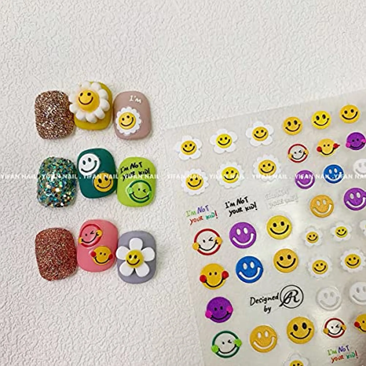 New 5D Stereoscopic Embossed Sun Flower Nail Art Stickers Decals, Candy Color Cartoon Smiling Face Sun Flower Colorful Flower Self-Adhesive Nail Stickers for Nail Art Decoration (3 Sheets)