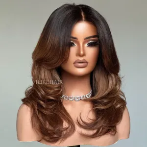 Ombre Brown Layered Wavy With Curtain Bangs Lace Closure Wig