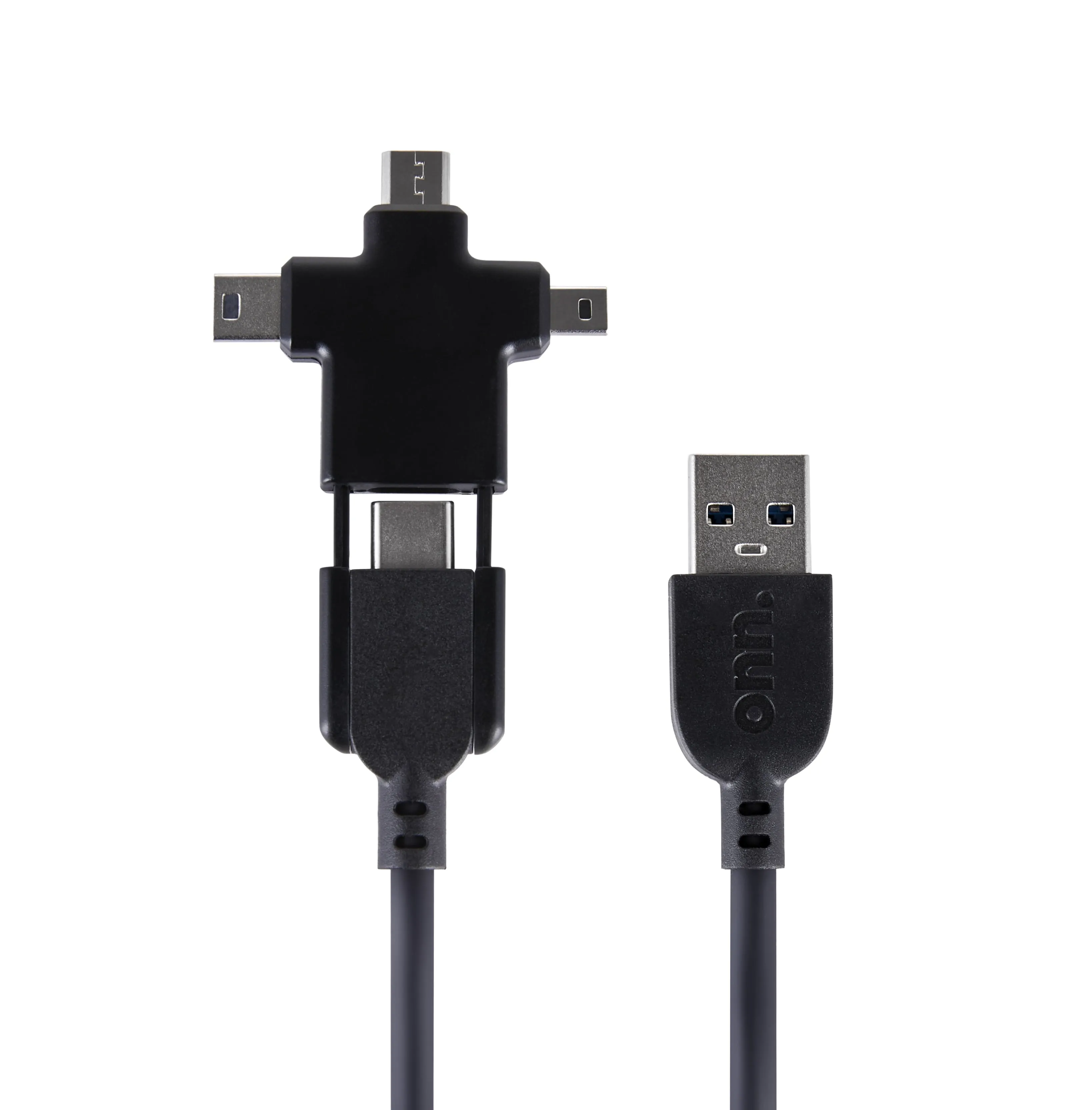 Onn 4-In-1 Charge & Sync Cable for Micro USB, Type C, Mini USB and Mini B Devices Black